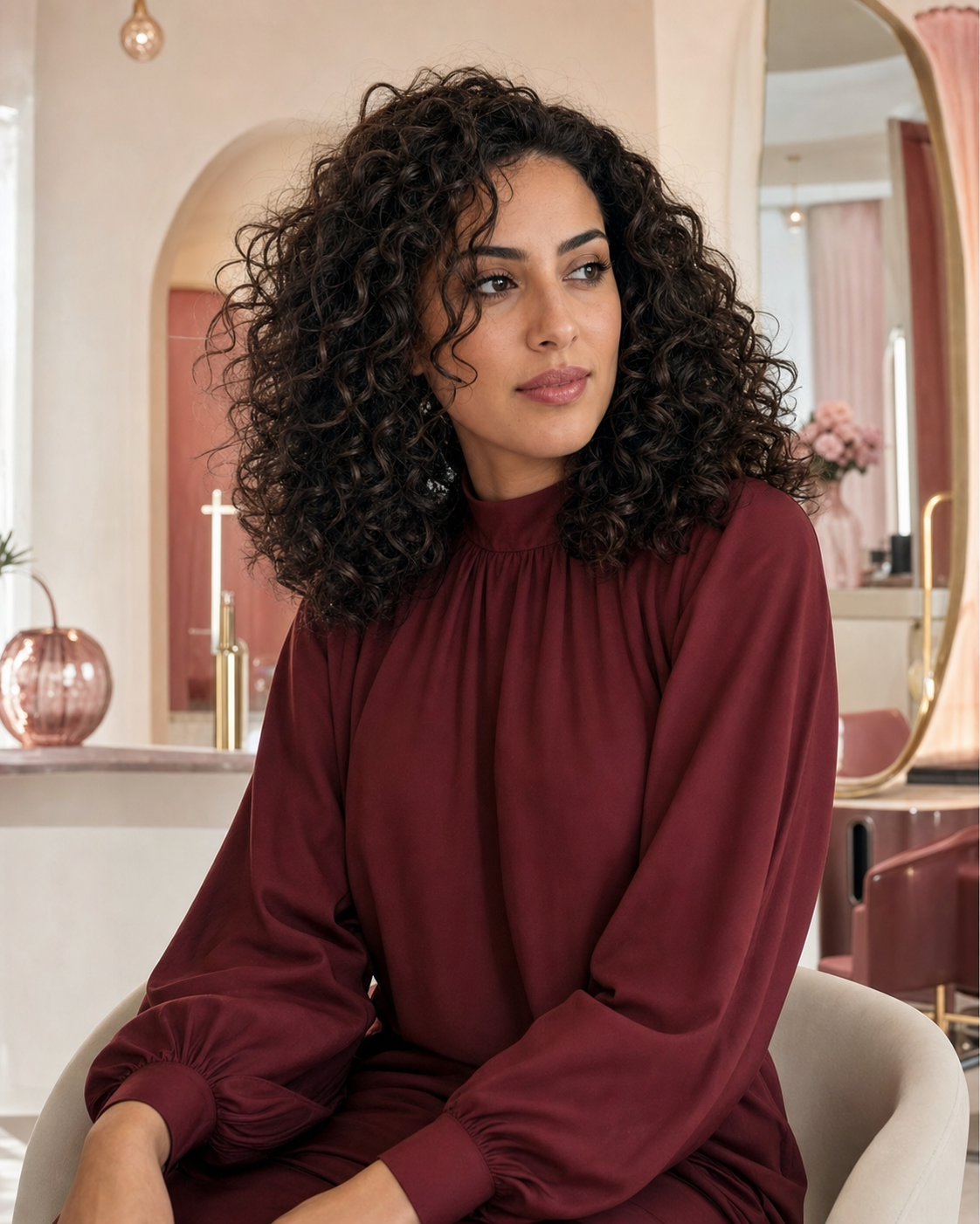 A Moroccan Arab client wearing a polished natural curl style