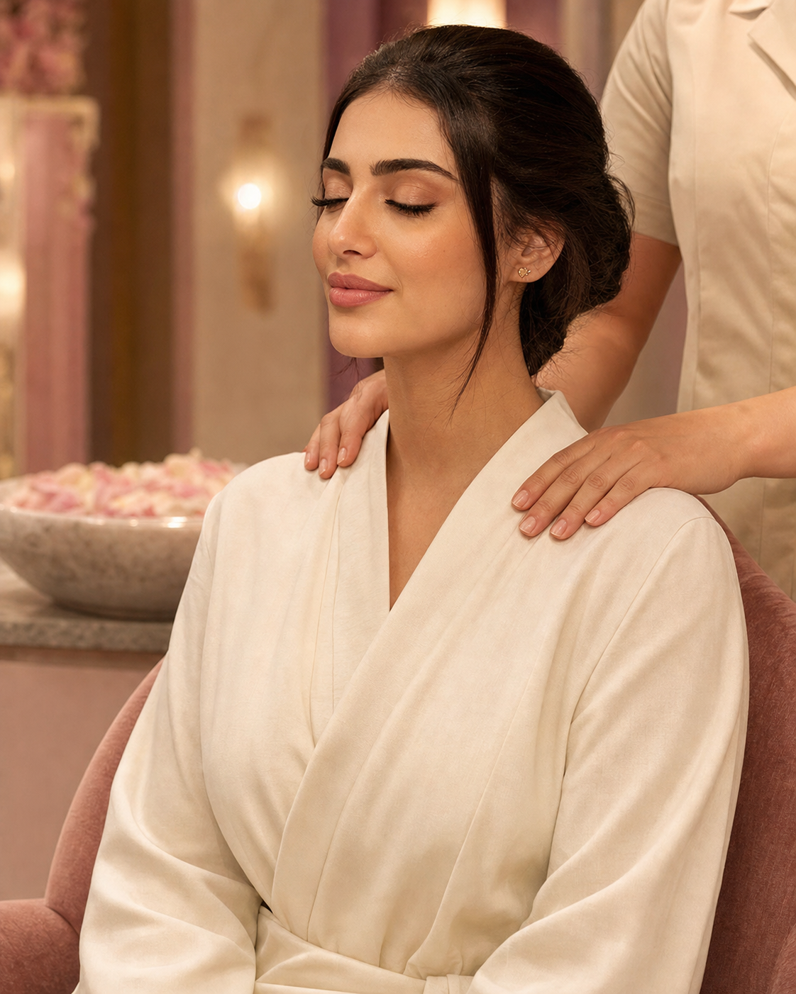 A Gulf Arab client relaxing during a shoulder massage